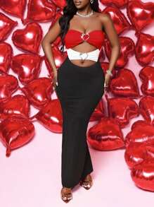 BamGleam Fashionable Sexy Contrast Color Splice Hollow-Out Bandeau Dress - Multicolor - View 3
