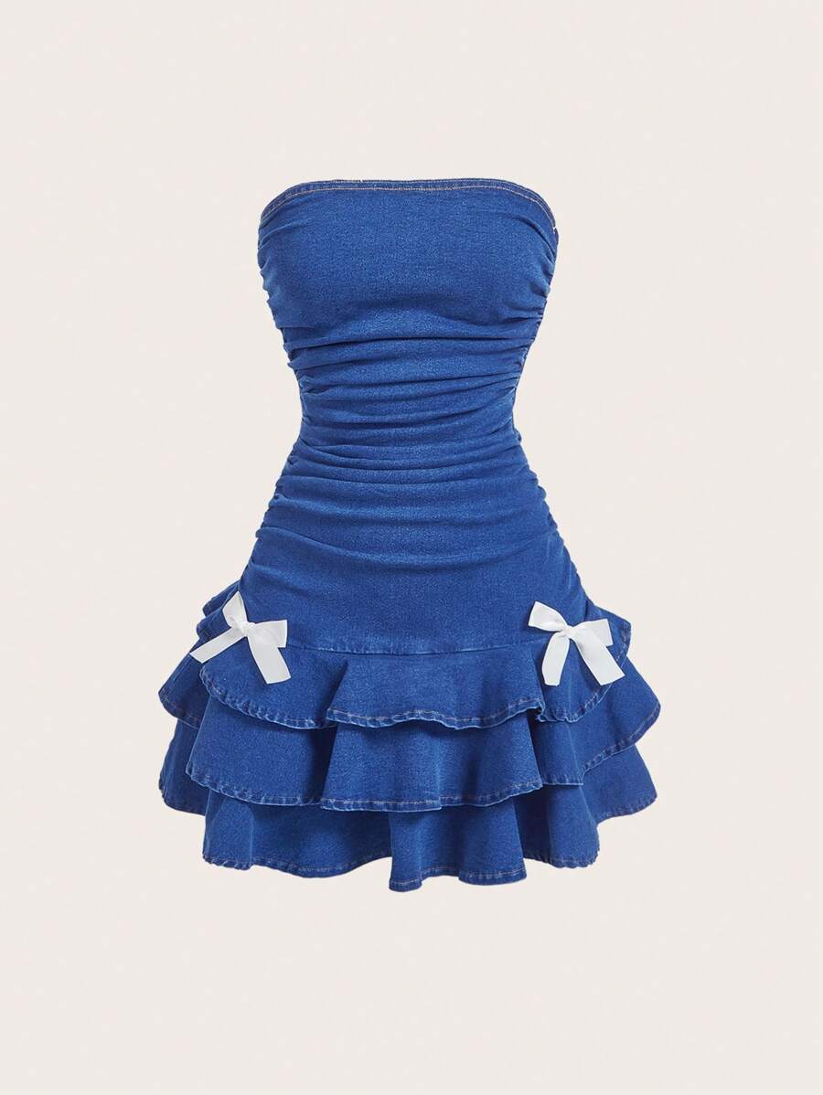SHEIN MOD 女士褶饰蝴蝶结多层荷叶边牛仔吊带连衣裙 - 中等水洗藍 - 查看 1