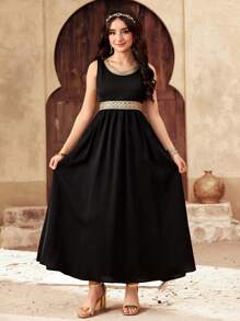 SHEIN Conjunto de 2 piezas para adolescentes con cárdigan negro con lámina de oro y vestido sin mangas elegante de princesa