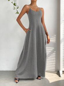 SHEIN Essnce 休闲简约纯色露背细肩带连衣裙 - 淺灰色 - 查看 4