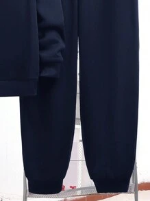 SHEIN Set da 2 pezzi di felpa girocollo e pantaloni della tuta casual e comodi, adatti per scuola, sport, uscite in autunno/inverno, con imbottitura termica, spessi, adatti per ragazzi adolescenti - Blu Navy - Visualizzare 5