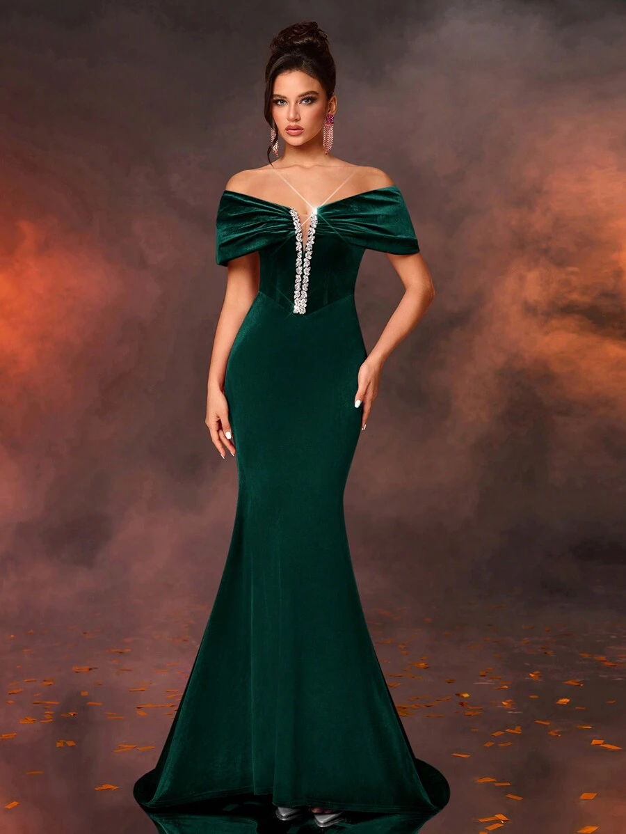 Glamrae Elegant Velvet Off Shoulder Bowknot Off The Neck Luxury Rhinestone Chain Decor Mermaid Tail Formal Gown, Wedding Guest Dress, Party Dress, Evening Dress