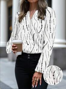 Glamance ORANGE STUDIO Blusas de mujer en blanco y negro de manga larga con cuello entallado, casuales, blusas de verano sencillas para outfits de verano, salidas y eventos.