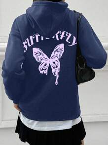 SHEIN EZwear Plus Size Women Autumn Letter & Butterfly Print Long Sleeve Hooded Casual Sweatshirt, For Winter - Royal Blue - View 7