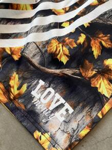 Manfinity EMRG Men's Leaf Print Contrast Striped Drawstring Waist Casual Shorts - Multicolor - View 3