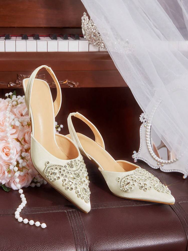 CUCCOO HITCHD Beige Satin Rhinestone Embroidered Pointed Toe Ankle Strap High Heel Pumps, Sexy Elegant Casual Holiday Party Date Wedding Shoes Spring Shoes Spring Break Easter Prom Heels