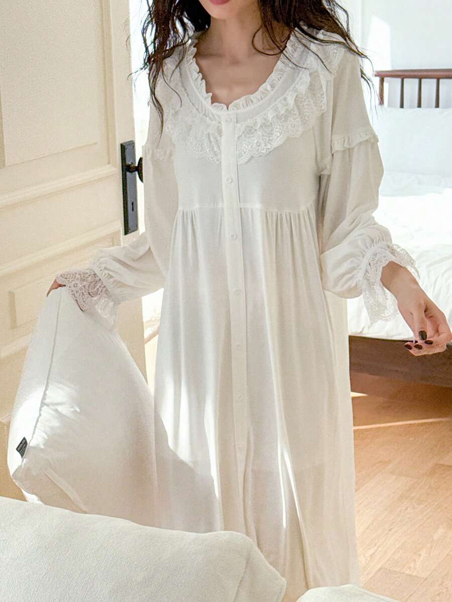 DAZY Solid Color Lace Patchwork Long Sleeve Loose Women's Nightgown Pajama - Beige - View 1