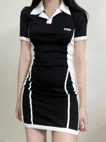 DAZY 女式拼色翻领裹身迷你连衣裙、春夏挤奶女工裙太阳裙、休闲女装、返校服 - 黑色 - 查看 6