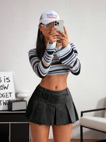 SHEIN EZwear Minifalda vaquera casual con dobladillo deshilachado y plisado para mujer