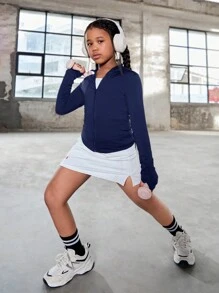 SHEIN Áo khoác thể thao dài tay bó sát màu trơn cho bé gái tuổi mới lớn, thường ngày/mặc ở nhà - Màu xanh hải quân - Xem 8