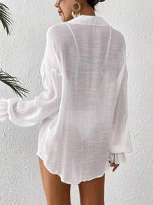 SHEIN Swim 夏季女式纯色长袖衬衫领罩衫