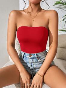 SHEIN PETITE 纯色休闲夏季女式紧身衣 - 紅色 - 查看 3