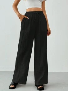 SHEIN Tall Cotton Loose Texture Wrinkle Fabric Drawstring Waist Long Pants - Black - View 3