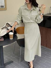 DAZY 2 件套女士纯色宽松衬衫和 A 字裙套装，荷叶边，秋季女装