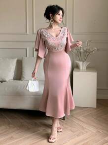 DAZY Sequin Embellished Ruffle Sleeve Mermaid Midi Dress For Women Prom Dress Carnival - Purple - View 9
