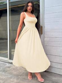 SHEIN Privé Women's Romantic Red Square Neck Long Dress - Apricot - View 4