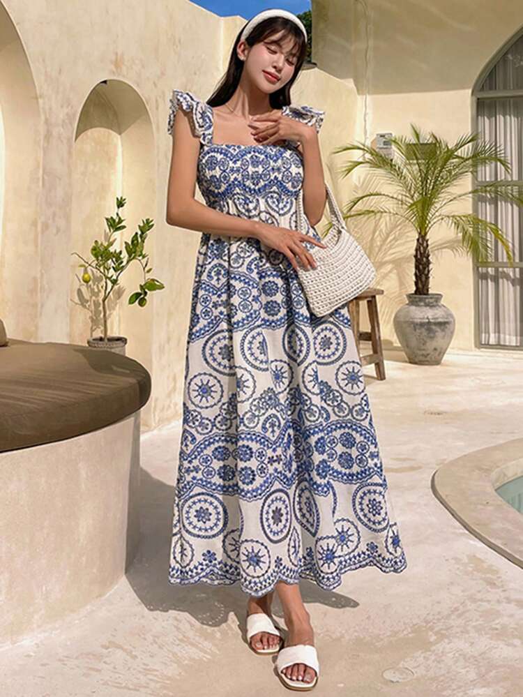 Textured Floral Print Long Beach Dress For Women With Spaghetti Strap, Vacation Style Boho,Milkmaid Dress Maxi Dress
