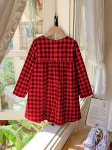 Blossori 年轻女孩优雅格子拼布梭织修身长袖连衣裙