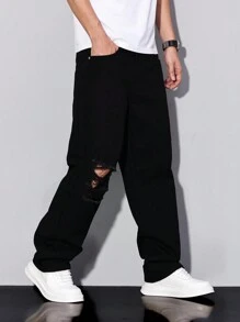 Manfinity Homme Pantalones vaqueros de mezclilla casuales y sencillos para hombres, para uso diario, pantalones de chándal holgados y rotos, jeans negros rotos para hombres, jeans rotos y holgados para hombres, pantalones casuales rectos y sueltos para hombres para salir, estilo grunge - Negro - Ver 6