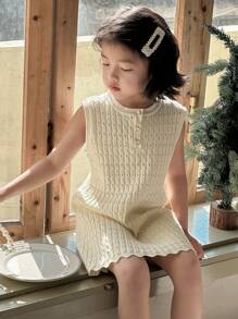 DAZY Young Girl Solid Color Button Front Sleeveless Minimalist Casual Sweater Dress,Girls Summer Outfits - White - View 1