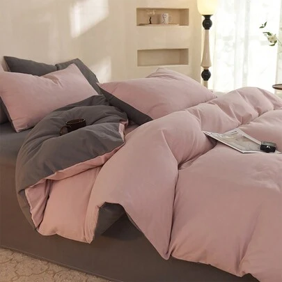 3pcs Set: 1 Duvet Cover, 2 Pillow Shams - Pink & Dark Gray For College Dorm/Bedroom, Super Soft, Machine Washable, No Filler