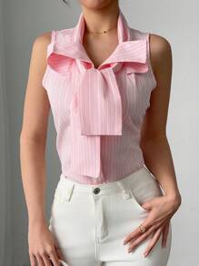 Chiquease Romantic Pink Striped Sleeveless Blouse With Bow - Pink - View 4