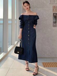 DAZY Women's Fold Collar Off Shoulder Single-Breasted Pocket Casual Denim Dress
