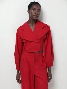 Lumivelle Women's Red Stand Collar Lantern Sleeve Suit Set - Red - View 6