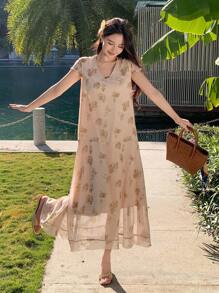 DAZY Plant Print A-Line Mini Dress With V-Neck And Flared Hem, Casual Vacation Style - Beige - View 3
