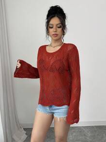 Elenzga Knit Hollow-Out Elegant Simple Long Sleeve Cover Up For Women, Spring/Summer Knit Pullover Fall Winter Sweater - Redwood - View 4