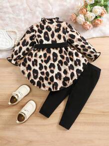 SHEIN Baby Girls Autumn Cute Heart Print Ruffle Trim Belted Long Sleeve Blouse And Solid Color Elastic Waist Long Pants 2 Pieces Set - Multicolor - View 3