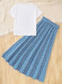 SHEIN Set de 2 piezas para adolescentes: Camiseta gráfica blanca de punto con acento de estampado floral diminuto y lazo, y falda larga con estampado floral diminuto, apropiada para vacaciones, ocio, fiestas, almuerzos, festivales de música.