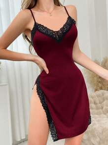 SHEIN 女式性感高开叉蕾丝吊带裙 - 酒紅色 - 查看 3