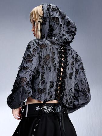 Grunge Punk Loose Street Style Ripped Distressed See-Through Drawstring Hoodie For Women Graduation,Back To School Outfits,Graduation,Teacher Outfits For Women,Back To School