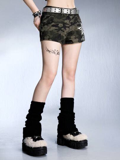Grunge Punk Women's Vintage Camouflage Super Short Mini Ultra Low Waist Denim Shorts, Suitable For Music Festival