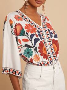 Travachic Woven Printed V-Neck 3/4 Women's Bodysuit - White - View 7