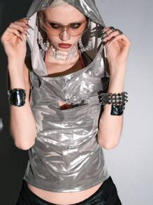 ROMWE Avant Women's Y2K Draped Neck Crop Top - Silver - View 8