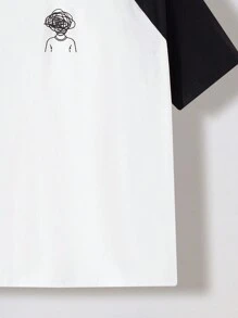 SHEIN Teen Boys' Casual Short Sleeve T-Shirt, Sporty Street Punk Rock College Daily Outing Party Festival, Suitable For Spring/Summer, Black & White Colorblock Abstract Line Figure Print T-Shirt