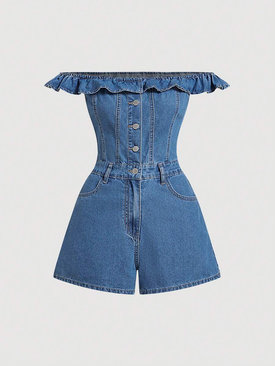 SHEIN MOD Women's Denim Bib Overalls & Jumpsuit Casual Off Shoulder Shorts - Blue - Medium Wash - View 1
