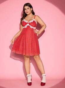 SHEIN MOD 加大码红色背景白色波尔卡圆点细肩带迷你连衣裙、蕾丝、女士短裙、情人节、爱情/夏季情人 - 紅色 - 查看 5