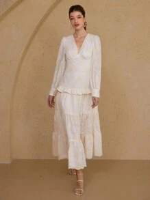 Zanirela Elegant Embroidered Vintage V-Neck Waisted Splice Frill Trim Long Sleeve Dress For Women Fall Cloth For Women - Beige - View 3