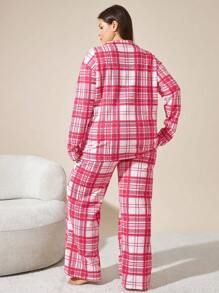 SHEIN Cottnline طقم بيجاما قياس كبير من القطن مخطط بنمط أزرار أمامية 2 قطعة - ابيض واحمر - مشاهدة 2