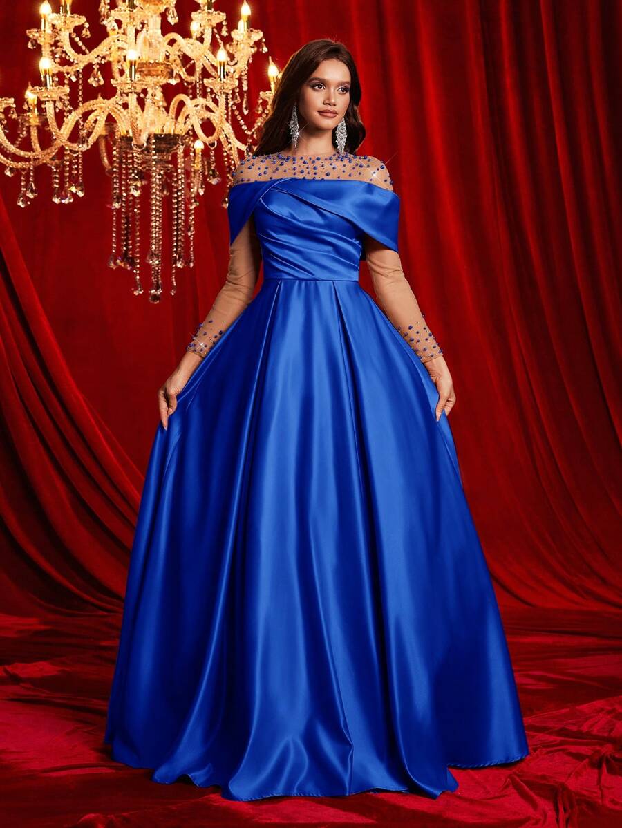 Glamrae 优雅透明网眼水钻串珠长袖褶饰超大喇叭下摆礼服，婚礼宾客礼服，适合约会、婚礼、活动、正式晚会、派对礼服、晚礼服、长袍 - 寶藍色 - 查看 1