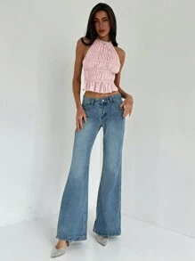 Aloruh 女士可调节系带领口荷叶边分层半透明浪漫约会短款外出上衣 - 淺粉色 - 查看 3