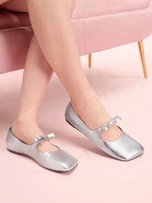 CUCCOO DOLLMOD Women's Cute Minimalist Flat Shoes With Oblique Square Toe, Silver Color, Bowknot Decor Valentine's Day