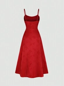 Sweetra Váy dây mảnh gợi cảm bằng vải satin jacquard hoa đỏ Pháp thanh lịch trang trí nơ 3D cho nữ - Màu Đỏ Sâu - Xem 2