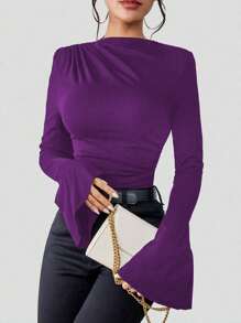 Chiquease 女士纯色长袖修身休闲日常 T 恤，简约风格 - 紫色 - 查看 3