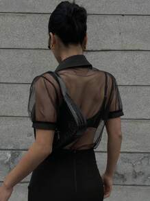 DAZY 女士简约透明网眼雪纺短袖衬衫，商务休闲