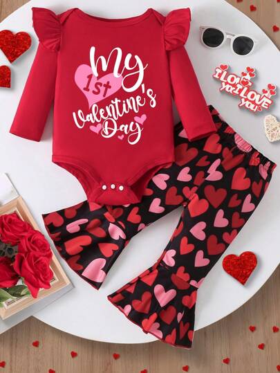 2pcs Baby Girl Fashion Simple "My First Valentine's Day" Letter Print Ruffle Bodysuit & Heart Print Flare Pants Set, Outfit Suitable For Valentine's Day, Spring/Autumn Clothes, For Gifts