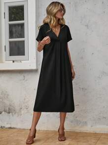 SHEIN LUNE Women V-Neck Solid Color Straight Casual Short Sleeve Dress